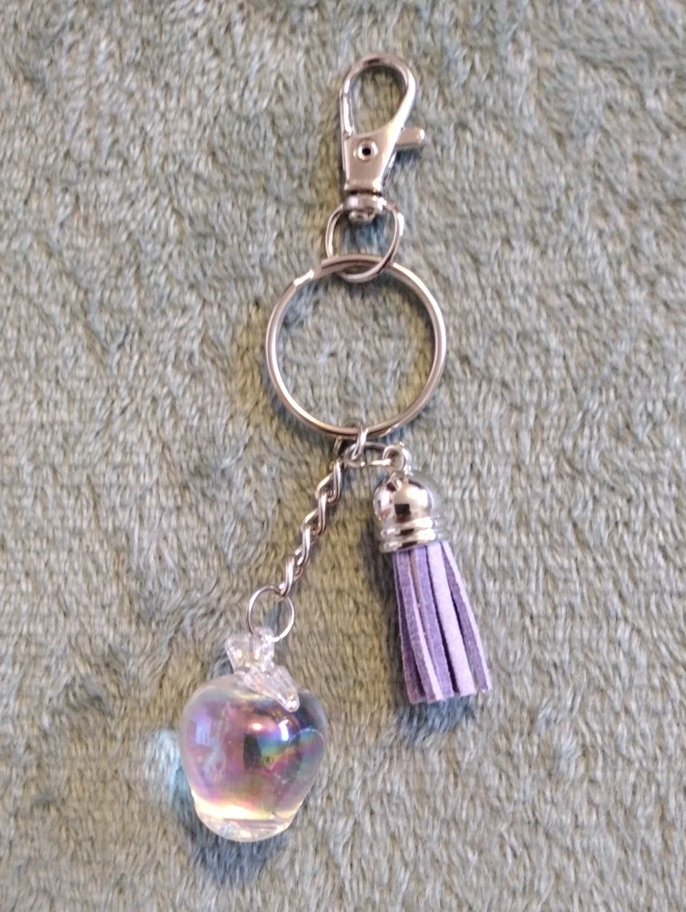 Keychain Charm with Lavender Tassel and Iridescent Glass Apple